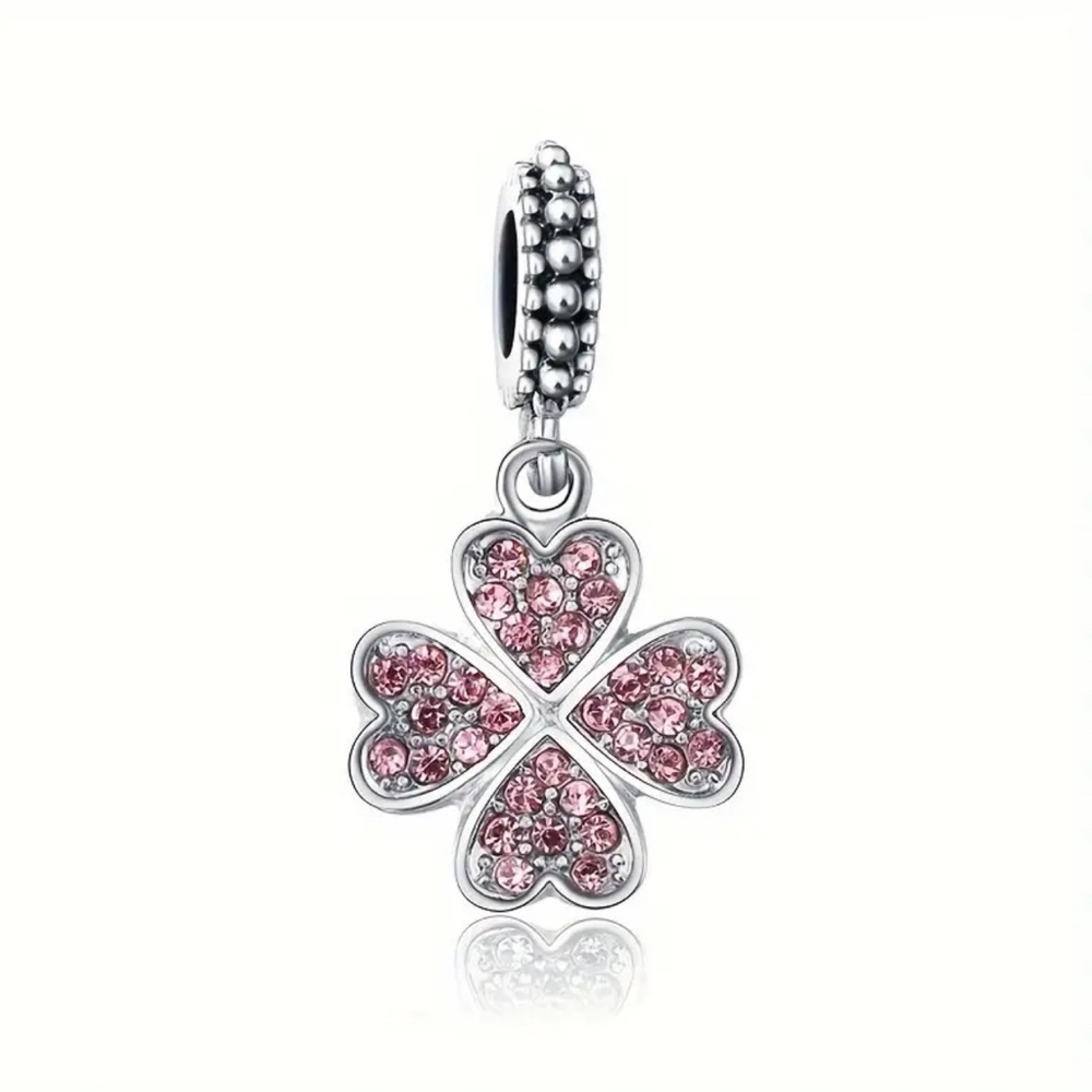 New Silver Four Leaf Clover Pink CZ Charm Bracelet Bead